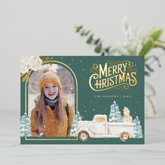 Witte Truck Sneeuwman Kerst Foto Blauwgroen Goud Folie Feestdagenkaart (Staand Voorkant)