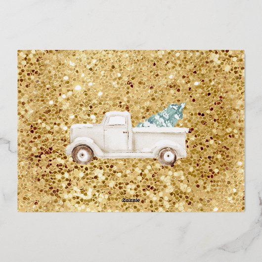 Witte Truck Sneeuwman Kerst Foto Blauwgroen Goud Folie Feestdagenkaart (Achterkant)