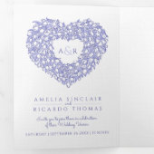 Witte tulp blauw hart monogram bruiloft drieluik uitnodiging (Binnenzijde eerst)