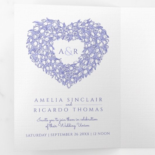 Witte tulp blauw hart monogram bruiloft drieluik uitnodiging (Binnenzijde eerst)