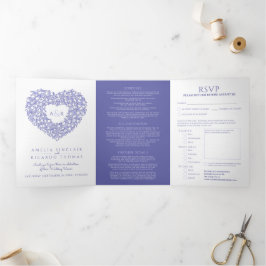 Witte tulp blauw hart monogram bruiloft drieluik uitnodiging