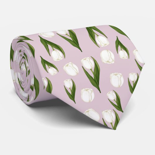 Witte Tulp Bloem Patroon Stropdas (Opgerold)