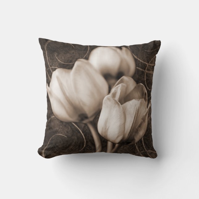 Witte Tulp Bloemen Sepia Zwarte Achtergrond bloems Kussen (Voorkant)