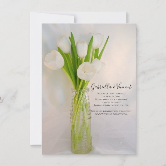 Witte Tulp in bottellende bruiloft Save the Date (Voorkant)