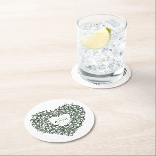 Witte tulp met inkt tekenmonogram bruiloft ronde kartonnen onderzetter