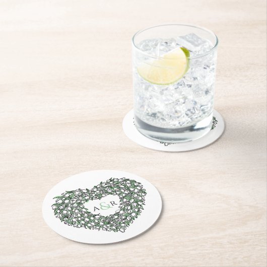 Witte tulp met inkt tekenmonogram bruiloft ronde kartonnen onderzetter (Insitu)