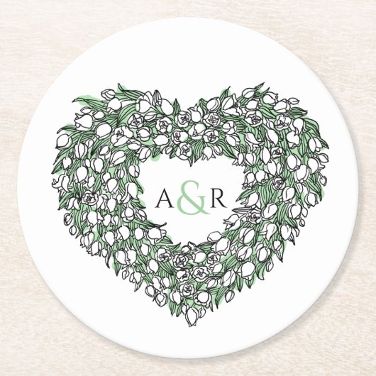 Witte tulp met inkt tekenmonogram bruiloft ronde kartonnen onderzetter (Voorkant)