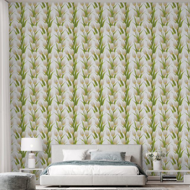 Witte Tulp Smooth Peel en Stick Wallpaper Behang (Slaapkamer)