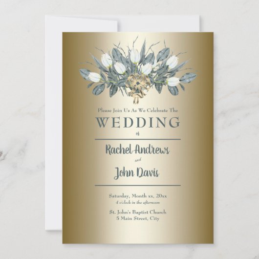 Witte Tulpen Gouden Huwelijksuitnodiging Kaart (Voorkant)