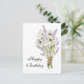 Witte tulpen lavender bouquet happy jarig briefkaart (Staand voorkant)