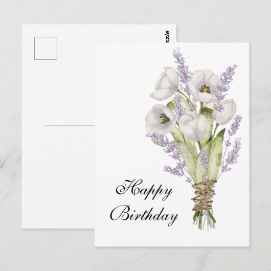 Witte tulpen lavender bouquet happy jarig briefkaart (Voorkant / Achterkant)