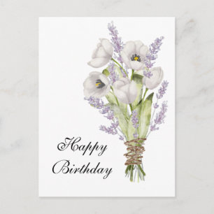 Witte tulpen lavender bouquet happy jarig briefkaart