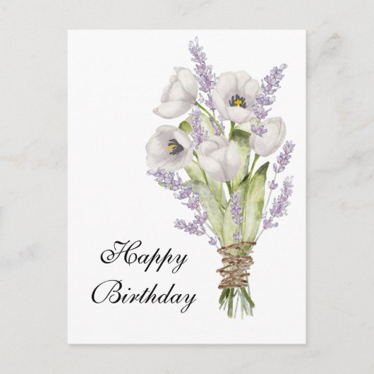 Witte tulpen lavender bouquet happy jarig briefkaart (Voorkant)