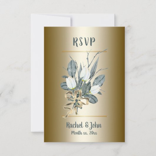 Witte tulpen met goud, bruiloft RSVP kaartje (Voorkant)