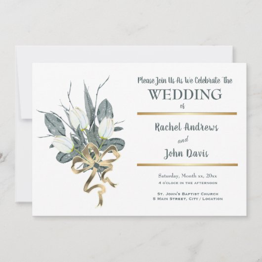 Witte tulpen met gouden bruiloft kaart (Voorkant)