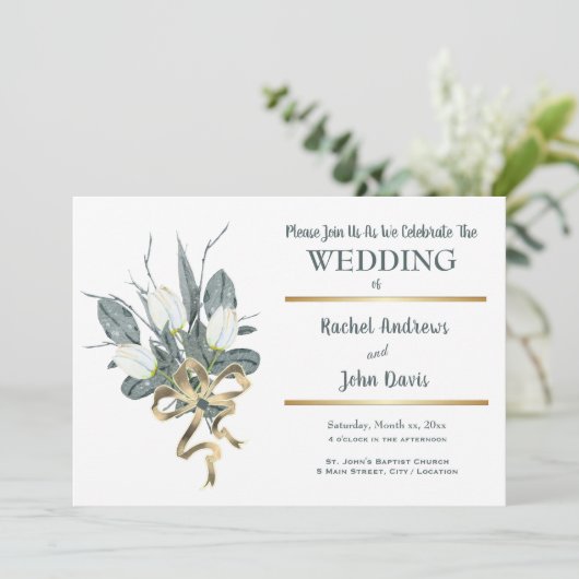 Witte tulpen met gouden bruiloft kaart (Staand voorkant)