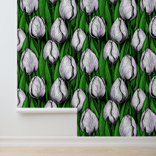 Witte tulpen met groene bladeren behang