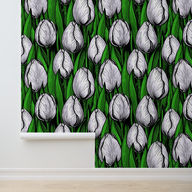 Witte tulpen met groene bladeren behang (Applicatie)