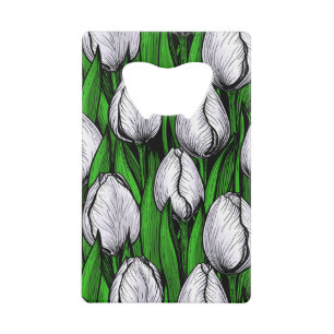Witte tulpen met groene bladeren creditkaart flessenopener