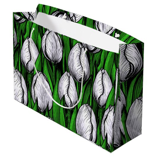 Witte tulpen met groene bladeren groot cadeauzakje (Achterkant Gekanteld)