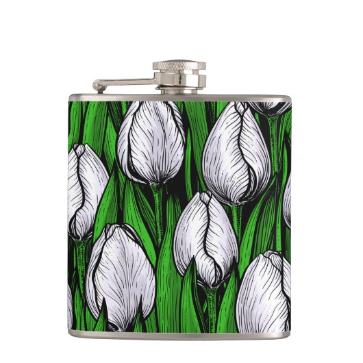 Witte tulpen met groene bladeren heupfles (Voorkant)