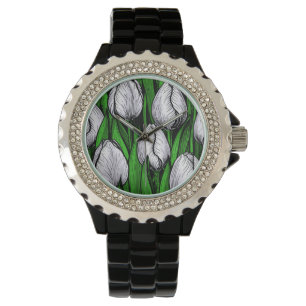 Witte tulpen met groene bladeren horloge