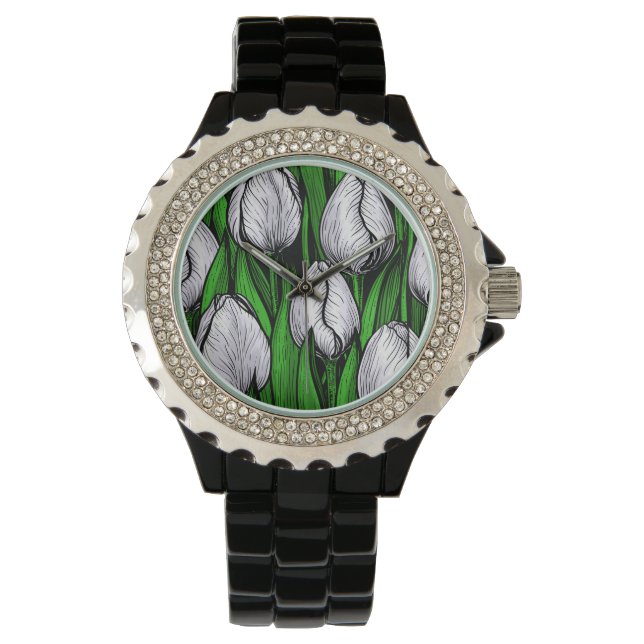 Witte tulpen met groene bladeren horloge (Voorkant)