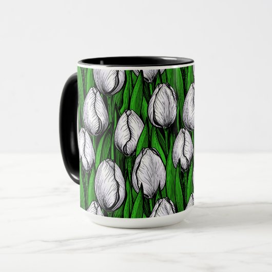 Witte tulpen met groene bladeren mok (Voorkant links)