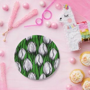 Witte tulpen met groene bladeren papieren bordje