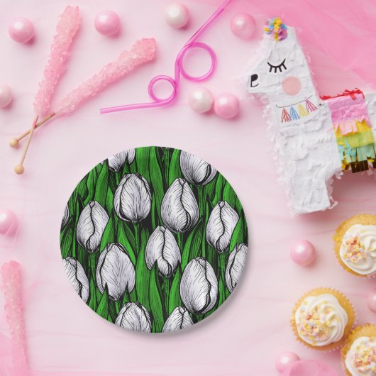 Witte tulpen met groene bladeren papieren bordje (Feest)
