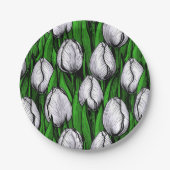 Witte tulpen met groene bladeren papieren bordje (Voorkant)