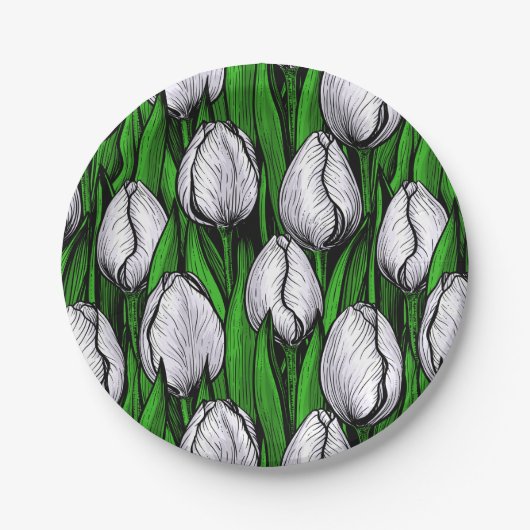 Witte tulpen met groene bladeren papieren bordje (Voorkant)