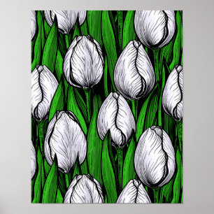 Witte tulpen met groene bladeren poster