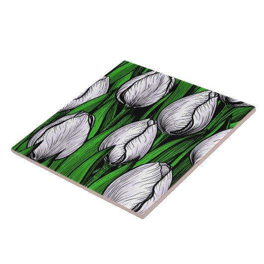 Witte tulpen met groene bladeren tegeltje (Zijkant)
