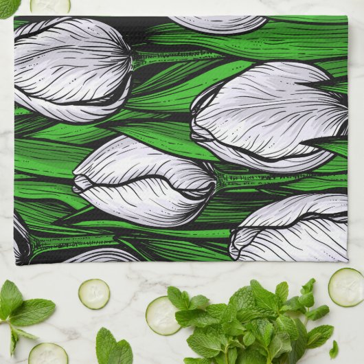 Witte tulpen met groene bladeren theedoek (Gevouwen)