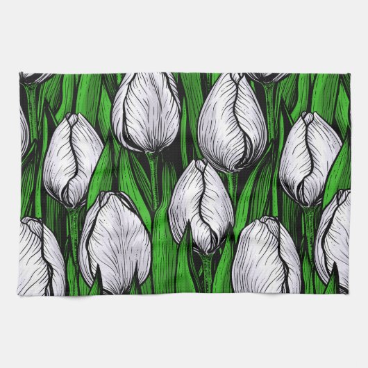 Witte tulpen met groene bladeren theedoek (Horizontaal)