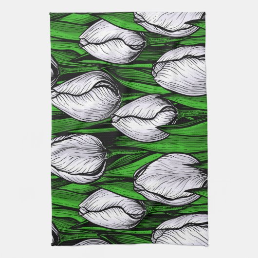 Witte tulpen met groene bladeren theedoek (Verticaal)