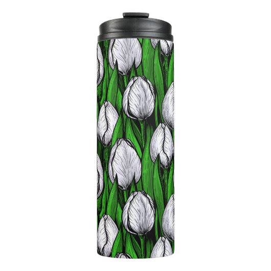 Witte tulpen met groene bladeren thermosbeker (Voorkant)