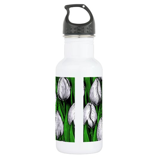 Witte tulpen met groene bladeren waterfles (Achterkant)