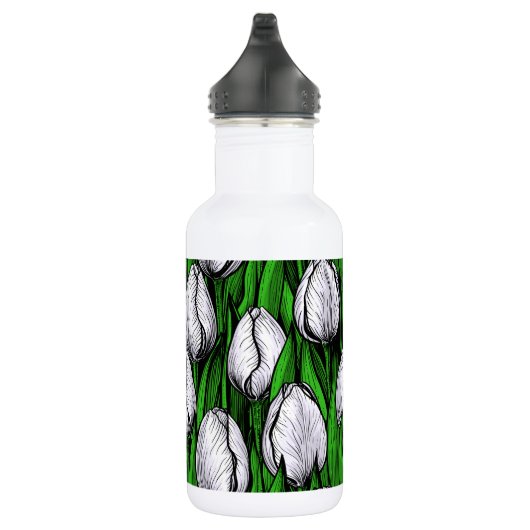 Witte tulpen met groene bladeren waterfles  (Rechts)