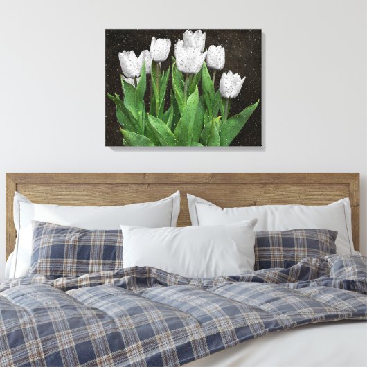 Witte Tulpen met regendruppels op glas Canvas Afdruk (Insitu (Slaapkamer))