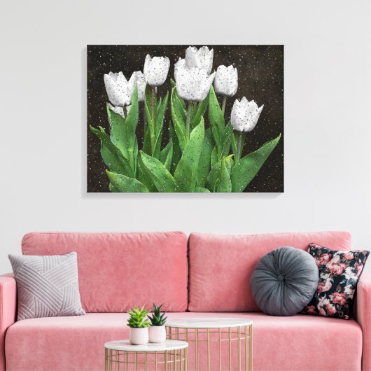 Witte Tulpen met regendruppels op glas Canvas Afdruk (Insitu (Woonkamer))