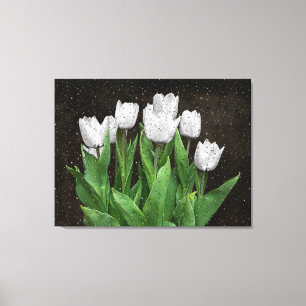 Witte Tulpen met regendruppels op glas Canvas Afdruk