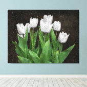 Witte Tulpen met regendruppels op glas Canvas Afdruk (Insitu (Houten vloer))