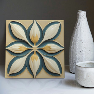 Witte tulpen op blauw symmetrisch kunstdeco tegeltje