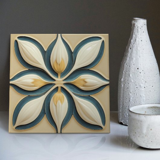 Witte tulpen op blauw symmetrisch kunstdeco tegeltje