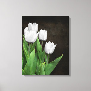Witte tulpen op donkere textuur canvas afdruk