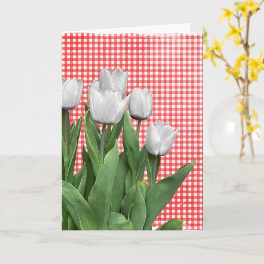 Witte Tulpen op Gingham Birthday Kaart (Gele Bloem)