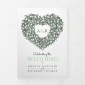 Witte tulpgroene hartinkt monogram bruiloft drieluik uitnodiging (Cover)