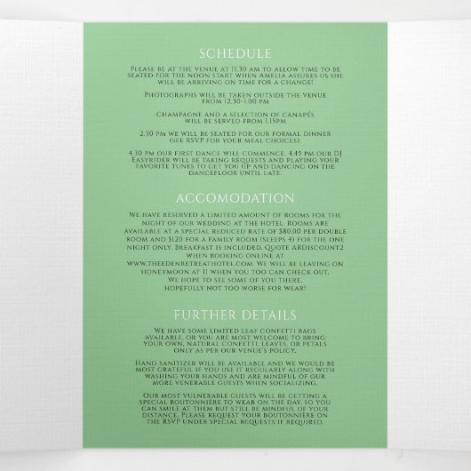 Witte tulpgroene hartinkt monogram bruiloft drieluik uitnodiging (Binnenkant midden)